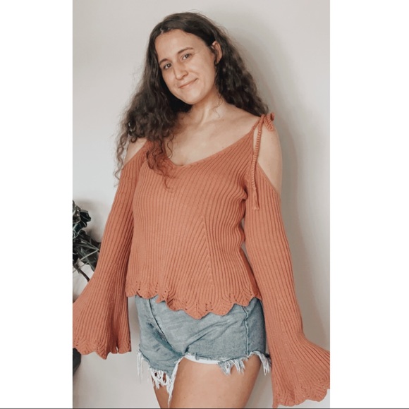 FOREVER 21 COLD SHOULDER KNIT BELL SLEEVE SWEATER - Picture 1 of 11